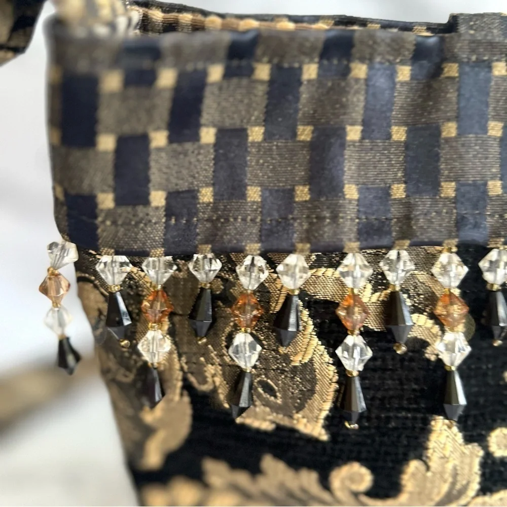 Bag Crossbody Shoulder Artisan Brocade Black Gold Metallic Beaded Tapestry